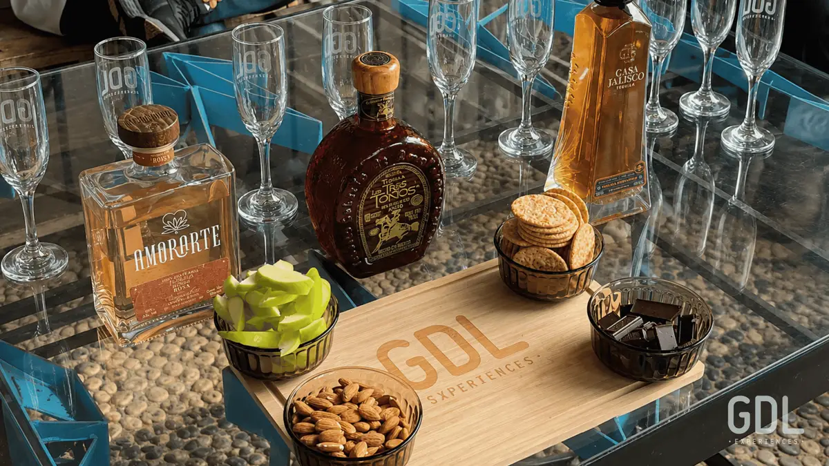 Copita glasses lined up for a guided tequila tasting with food pairing on a premium day trip from Guadalajara